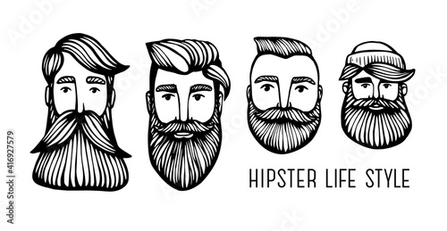 Set Hipster heads with beards. Hand-Drawn Doodle. Vector Illustration - stock vector. Hand drawn cartoon character. Bearded man