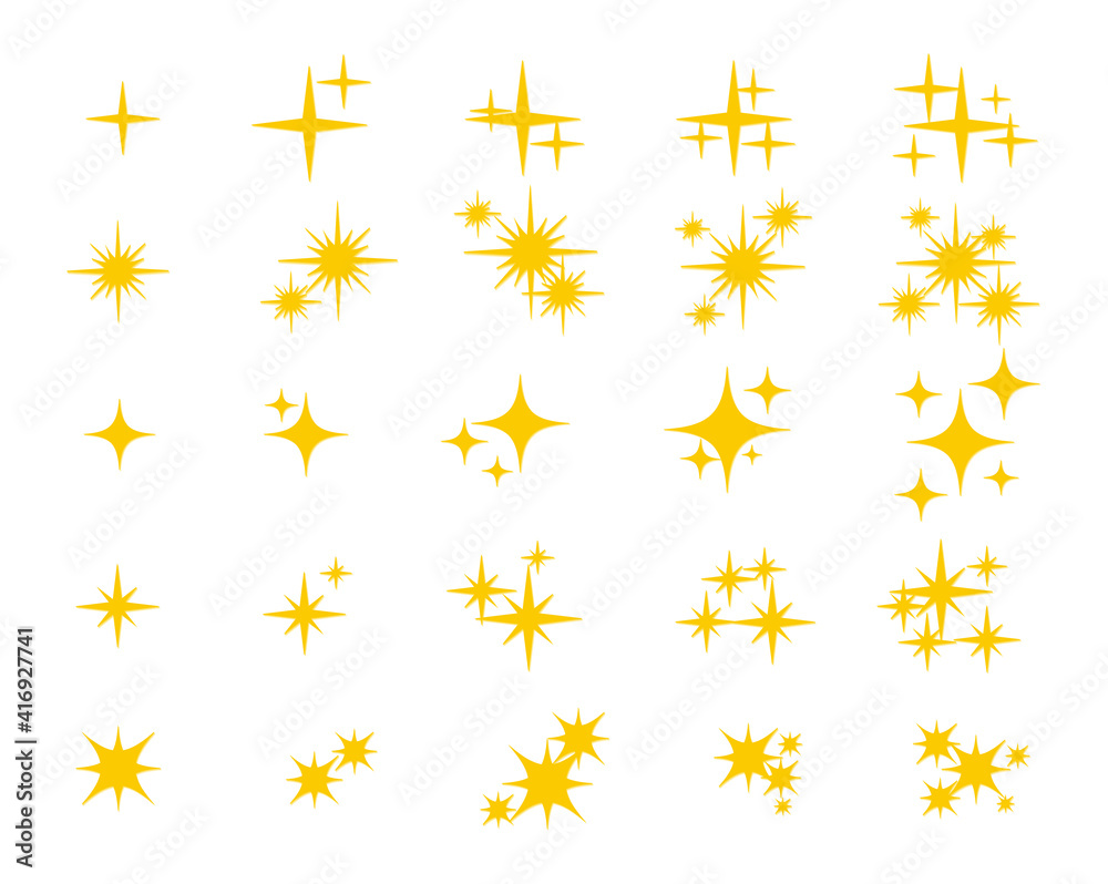 Set of yellow sparkles. Collection of twinkling star symbol isolated on white background. Cartoon style. Vector illustration. Set of yellow sparkles. Collection of twinkling star symbol isolated on white background. Cartoon style. Vector illustration.