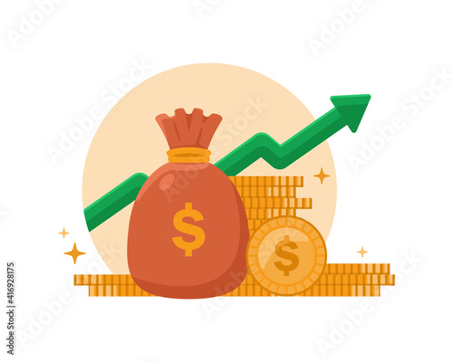 Money profit growth up, cash benefit, economic inflation dollar value increase vector icon, financial earning revenue interest symbol, economy investment arrow up flat cartoon, concept of budget boost
