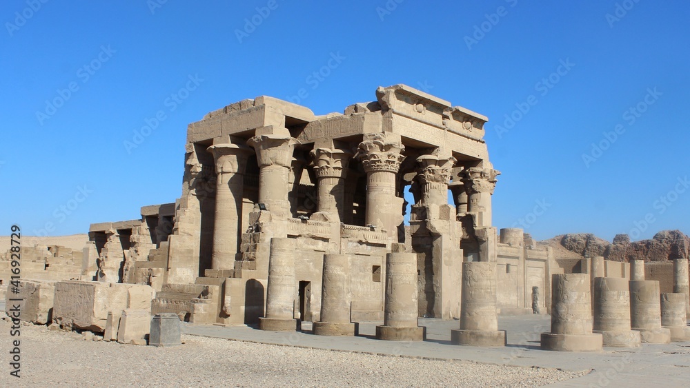 A full front view shot of the temple of Sobek in Kom Ombo in Aswan in Egypt