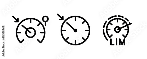 Vector icons of vehicle dashboard indicators. Such symbols include speed control, automatic throttle and limit display panel. Editable line icon.