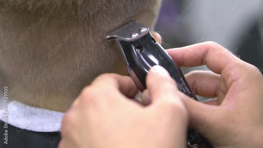 Boy gets his hair cut by a professional hairdresser. Close up Boy gets his hair cut by a professional hairdresser. Close up