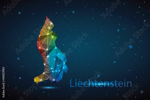 Abstract Polygon Map of Liechtenstein. Vector Illustration Low Poly Color Rainbow on Dark Background.