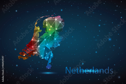 Abstract Polygon Map of Netherlands. Vector Illustration Low Poly Color Rainbow on Dark Background.