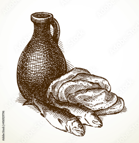 Vector still life from the biblical story: loaves and fishes