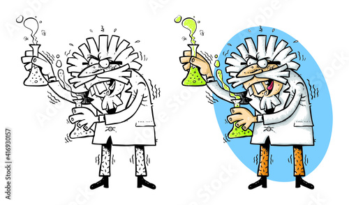 Hand drawn cartoon illustration of a mad scientist. Lines, colors and blue background are grouped separately. Editable for changing colors. Vector EPS.