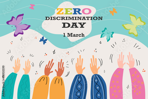 Zero Discrimination Day 1 March. Hands of diverse group of people and different colors of butterflies. Vector stock illustration.