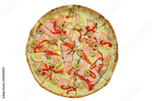 Round thin crust pizza with red fish and sweet pepper. Fast food with fish and cheese top view. Round pizza on a white background isolate.