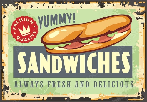 Snack bar banner sign with tuna sandwich. Chicken meat sandwiches advertisement poster menu. Food vector diner restaurant.