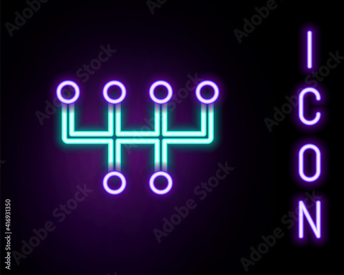 Glowing neon line Gear shifter icon isolated on black background. Transmission icon. Colorful outline concept. Vector.