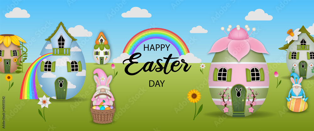 happy easter day banner with egg-shaped houses and gnomes