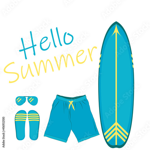 Vector illustration on the theme of summer goods. The minimum amount of equipment for a reckless surfer