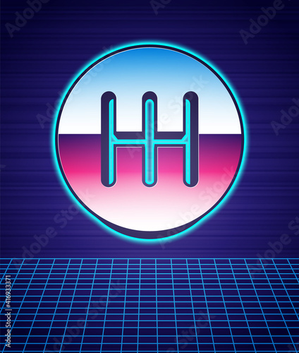 Retro style Gear shifter icon isolated futuristic landscape background. Transmission icon. 80s fashion party. Vector.