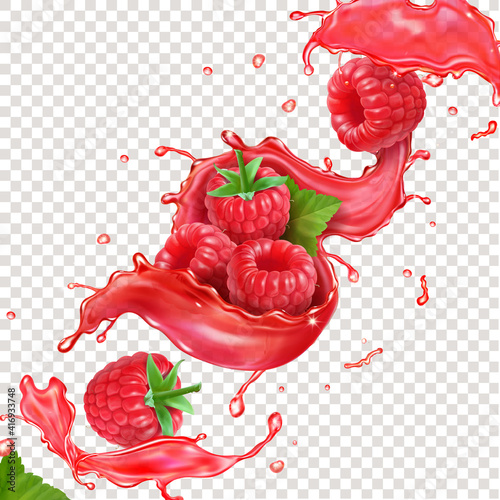 Raspberry transparent juice liquid splash. Raspberry fruit realistic icons for fresh drink product package design. Forest berry sweet food