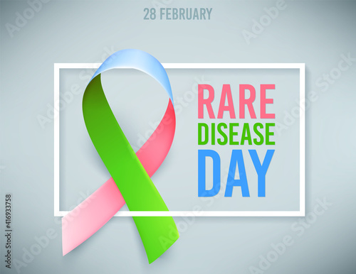 Poster template for awareness day on 28 february, with symbol of rare disease green, pink, blue ribbon. Vector illustration.