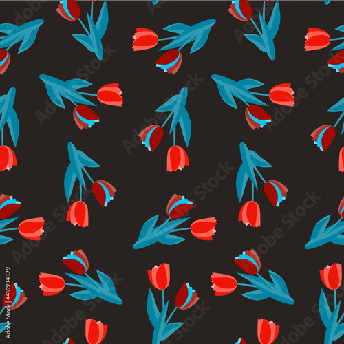 Vector tulips with leaves seamless pattern.