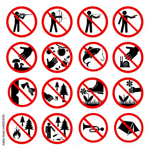 Prohibited behavior in nature and national parks. Set of animal hunt prohibition signs. Signs of obligations.