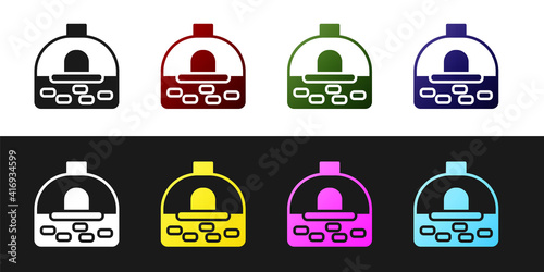 Set Brick stove icon isolated on black and white background. Brick fireplace, masonry stove, stone oven icon. Vector.