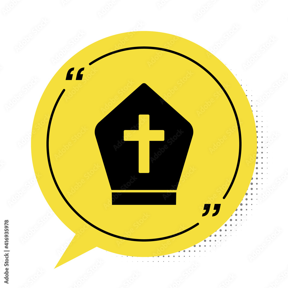 Obraz premium Black Pope hat icon isolated on white background. Christian hat sign. Yellow speech bubble symbol. Vector.