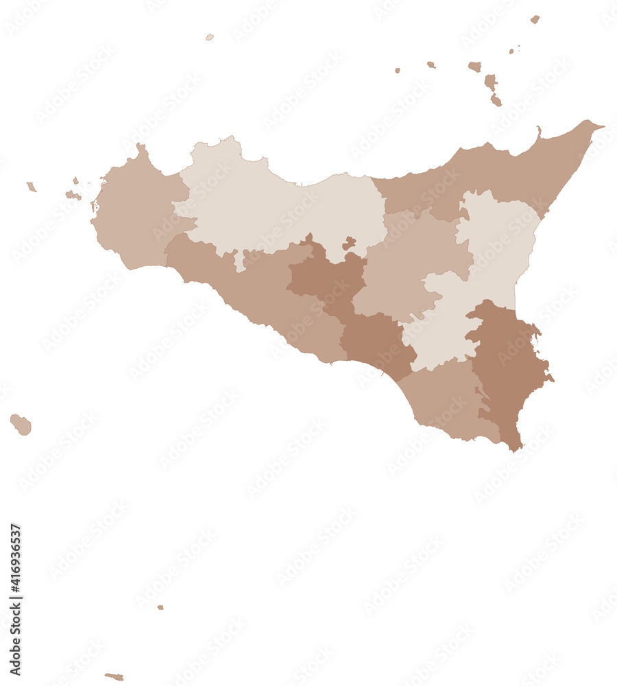 Sicily map, division by provinces and municipalities. Closed and perfectly editable polygons, polygon fill and color paths editable at will. Levels. Political geographic map. Italy