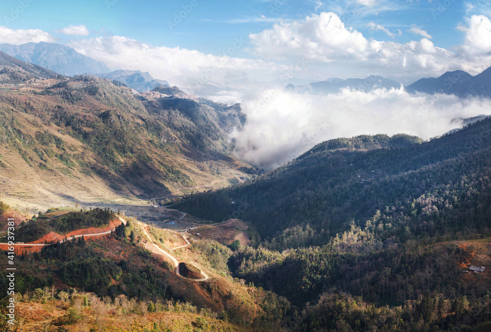 View of mountain ranges with forests in Sapa, Vietnam View of mountain ranges with forests in Sapa, Vietnam