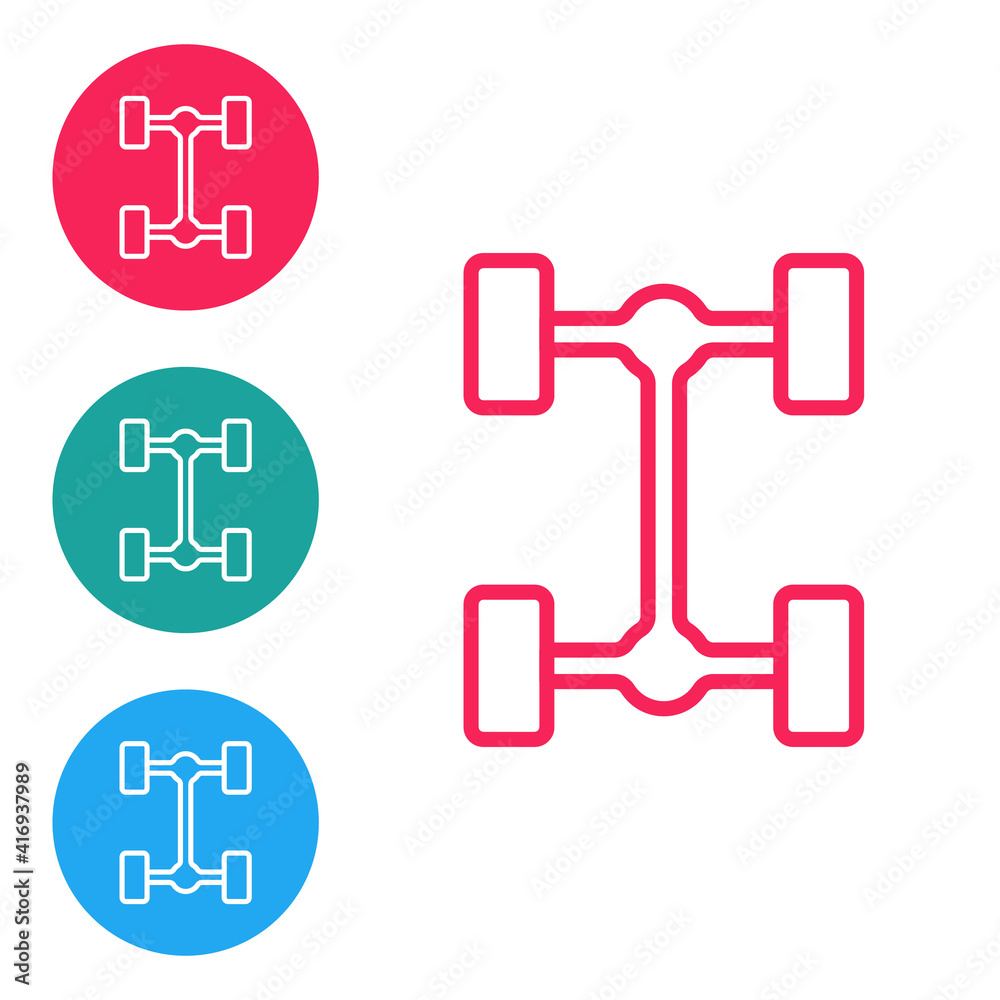 Red line Chassis car icon isolated on white background. Set icons in circle buttons. Vector. Red line Chassis car icon isolated on white background. Set icons in circle buttons. Vector.