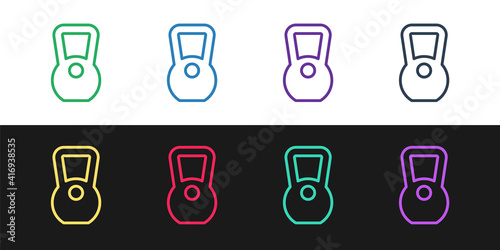 Set line Kettlebell icon isolated on black and white background. Sport equipment. Vector.