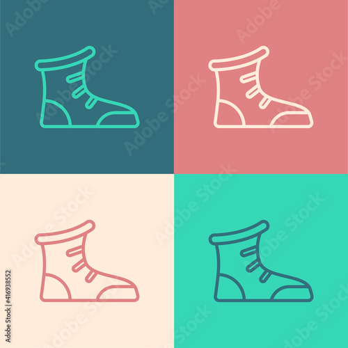 Pop art line Sport boxing shoes icon isolated on color background. Wrestling shoes. Vector.