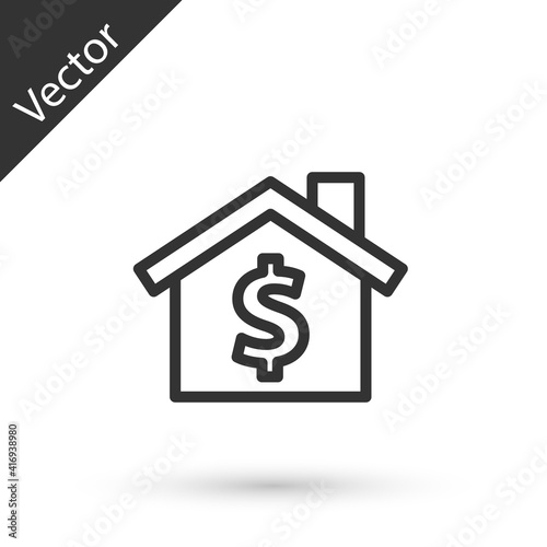 Grey line House with dollar symbol icon isolated on white background. Home and money. Real estate concept. Vector.