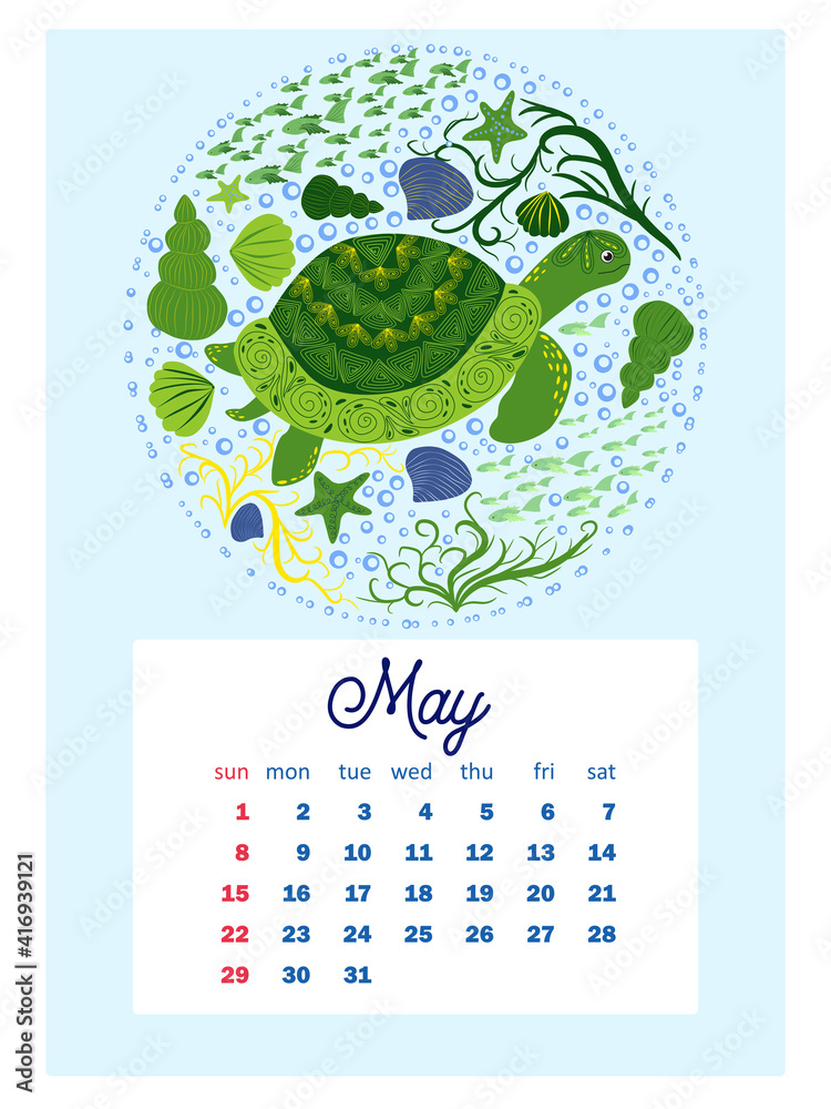 Marine life. calendar design template for 2022, A4 format. Week starts