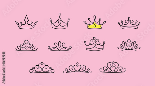 Cute princess crown icon set - Editable Stroke