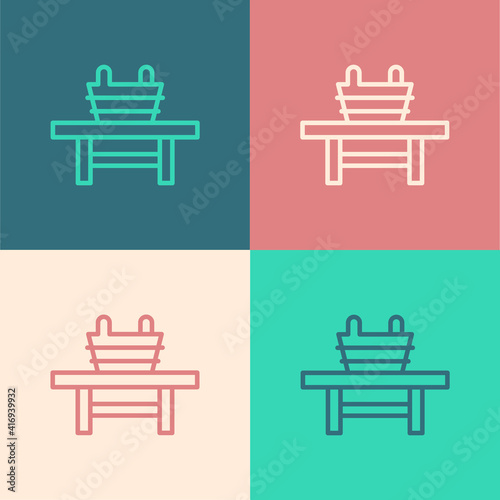 Pop art line Sauna bench with bucket icon isolated on color background. Vector.