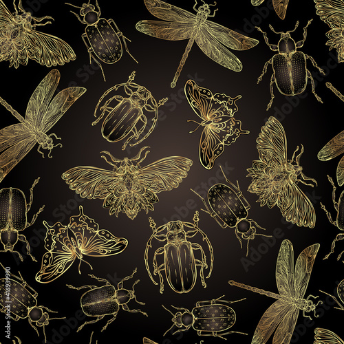 Black and white beetles, butterflies and dragonflies seamless pattern, isolat...