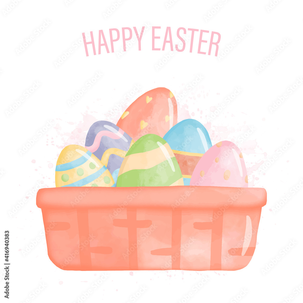 Watercolor happy easter day with easter egg in the basket Watercolor happy easter day with easter egg in the basket