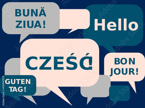 Polish language courses concept illustration. Translation from left to right: word "Hello" in German, Romanian, Polish, English, French. 