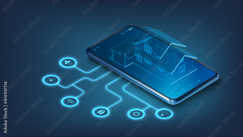 IOT concept. Smart home connection and control with smartphone through home network. Isometric house standing on screen mobile phone and wireless connections with icons electronics devices IOT concept. Smart home connection and control with smartphone through home network. Isometric house standing on screen mobile phone and wireless connections with icons electronics devices