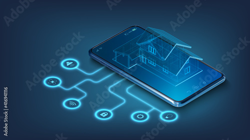 IOT concept. Smart home connection and control with smartphone through home network. Isometric house standing on screen mobile phone and wireless connections with icons electronics devices