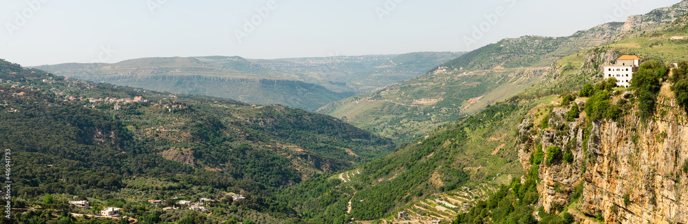Jezzine town landscape with famous waterfall pouring into the dry valley, in Southern Lebanon