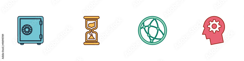 Set Safe, Old hourglass, Social network and Human head with gear inside icon. Vector. Set Safe, Old hourglass, Social network and Human head with gear inside icon. Vector.