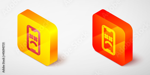 Isometric line Dead mobile icon isolated on grey background. Deceased digital device emoji symbol. Corpse smartphone showing facial emotion. Yellow and orange square button. Vector.