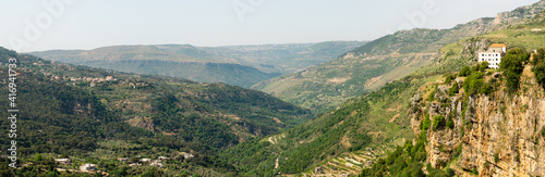 Jezzine town landscape with famous waterfall pouring into the dry valley, in Southern Lebanon