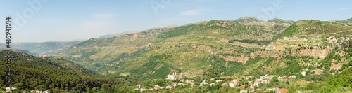 Jezzine town landscape with famous waterfall pouring into the dry valley, in Southern Lebanon