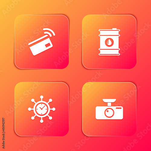 Set Contactless payment, Barrel oil, Clock and gear and Car DVR icon. Vector.