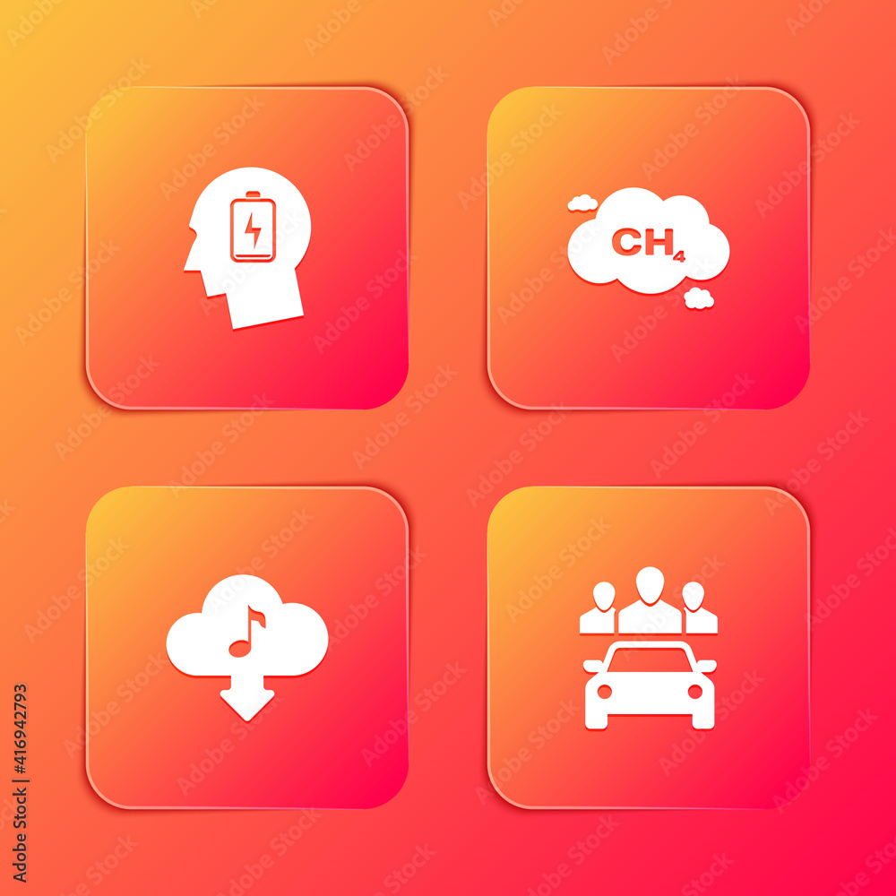Set Head with low battery, Methane emissions reduction, Cloud download music and Car sharing icon. Vector. Set Head with low battery, Methane emissions reduction, Cloud download music and Car sharing icon. Vector.