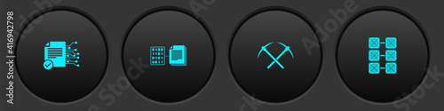 Set Smart contract, , Crossed pickaxe and Mining farm icon. Vector.