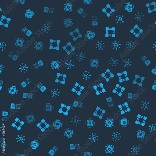 Set CPU mining farm, Blockchain technology, Distribution and Smart contract on seamless pattern. Vector.