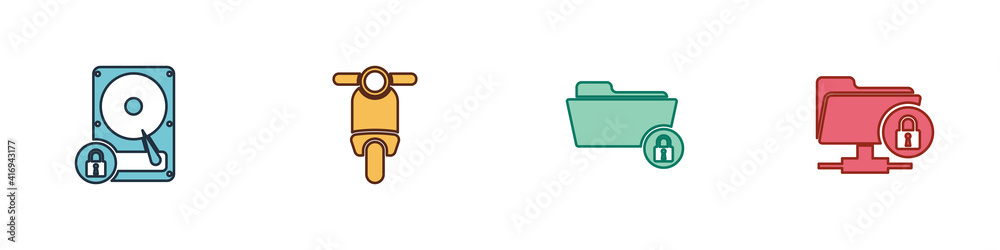 Set Hard disk drive and lock, Scooter, Folder and FTP folder icon. Vector. Set Hard disk drive and lock, Scooter, Folder and FTP folder icon. Vector.