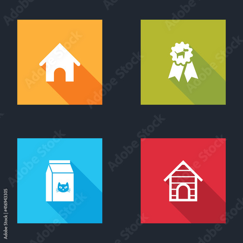 Set Dog house, award symbol, Bag of food for cat and icon. Vector.