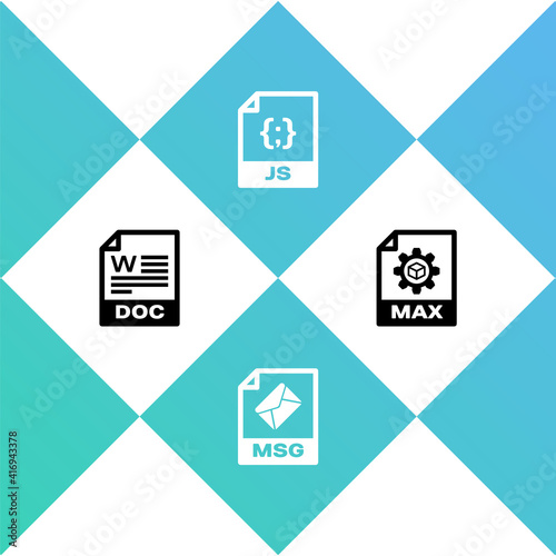 Set DOC file document, MSG, JS and MAX icon. Vector.