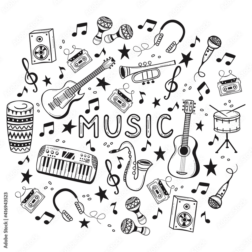 Fototapeta Set of hand drawn musical instruments in doodles style.